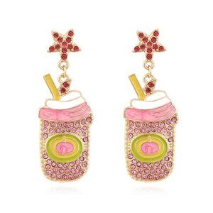 Crystal Rhinestone Boba Bubble Tea Cup Statement Earrings NEW